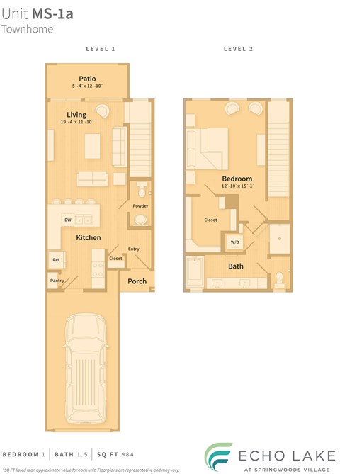 A floor plan for a townhome at Echo Lake Springwoods Village.
